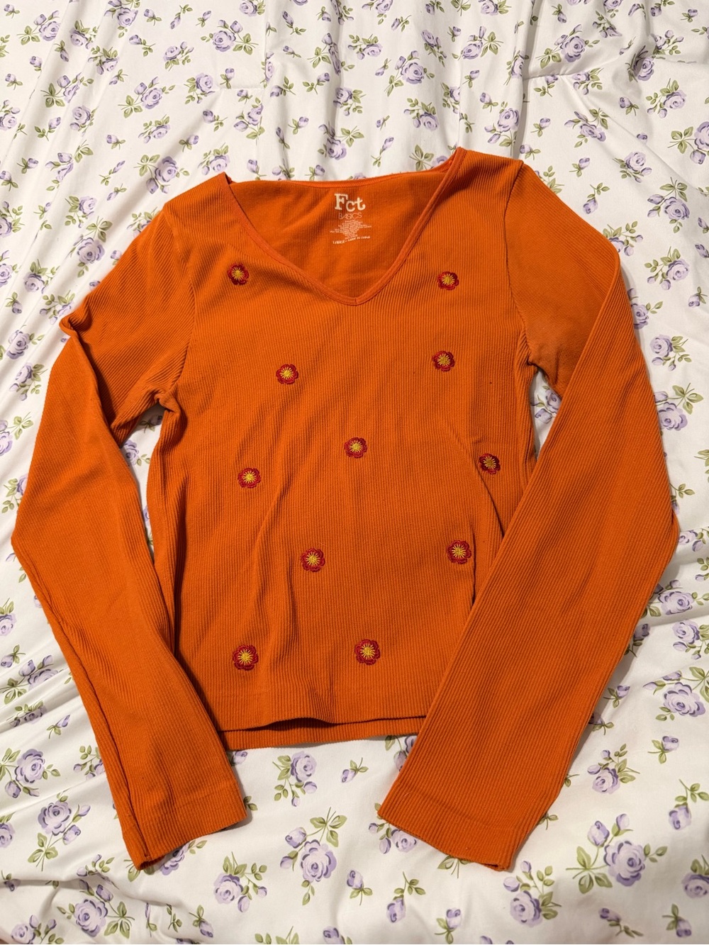 Orange Ribbed V-Neck Long Sleeve Top with Daisy Embroidery